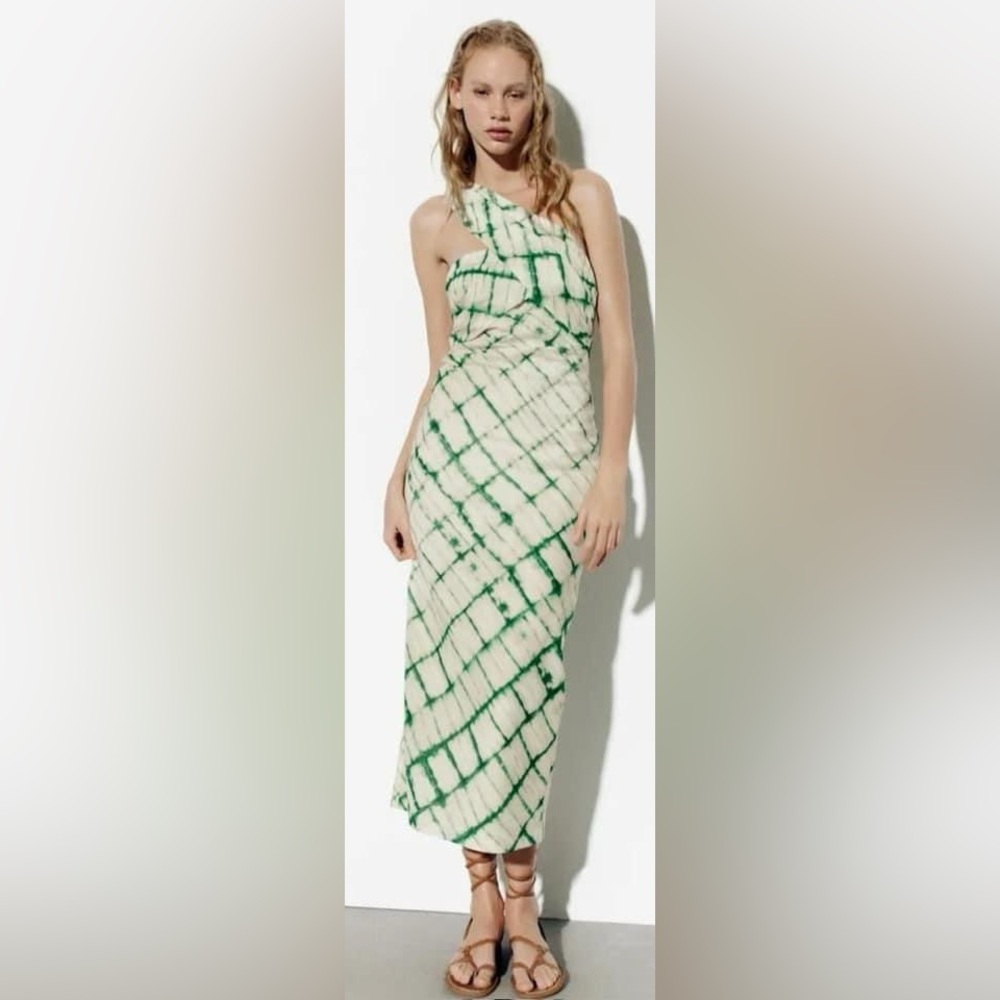 Zara size small one shoulder green dress vacation beach midi